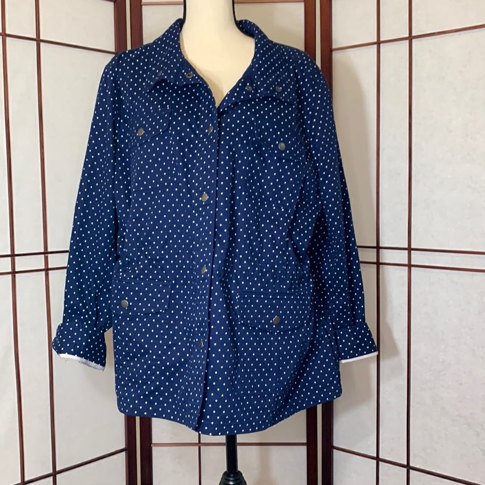Talbots Plus Navy Blue polkadot buttoned up jacket 2X